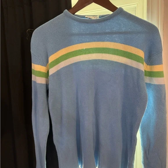 Free People Blue Sweater with Green and Yellow Stripes Vintage size L